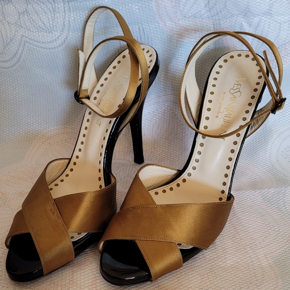 NEW YSL SAINT LAURENT BLACK & GOLD SIZE 37 HEELS - Picture 5 of 11
